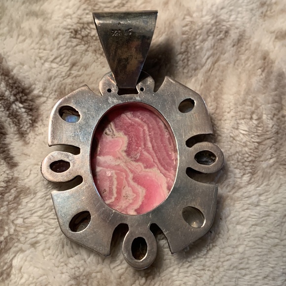Pink Rhodochrosite, moon opal, amethyst sterling silver extra large pendant - Picture 4 of 6